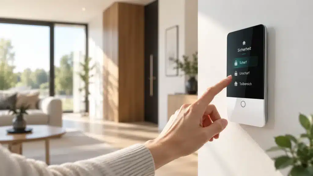Alarmanlagen & zuverlässige Alarmsysteme mit Einbau | Priesmeier Moderne Alarmanlage mit Touch-Bedienteil in einem Wohnhaus – zuverlässige Alarmsysteme mit professionellem Einbau