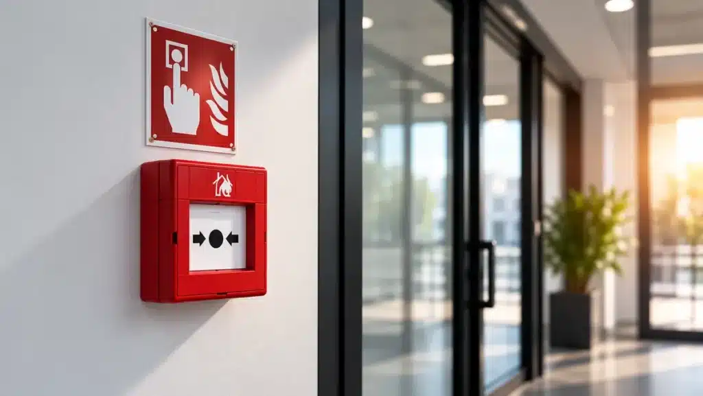 Handfeuermelder für moderne Brandmeldertechnik | Priesmeier Roter Handfeuermelder mit Brandschutz-Hinweisschild für professionelle Brandmeldertechnik und Brandschutztechnik