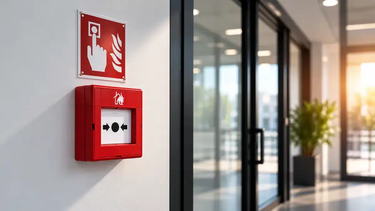 Roter Handfeuermelder mit Brandschutz-Hinweisschild für professionelle Brandmeldertechnik und Brandschutztechnik