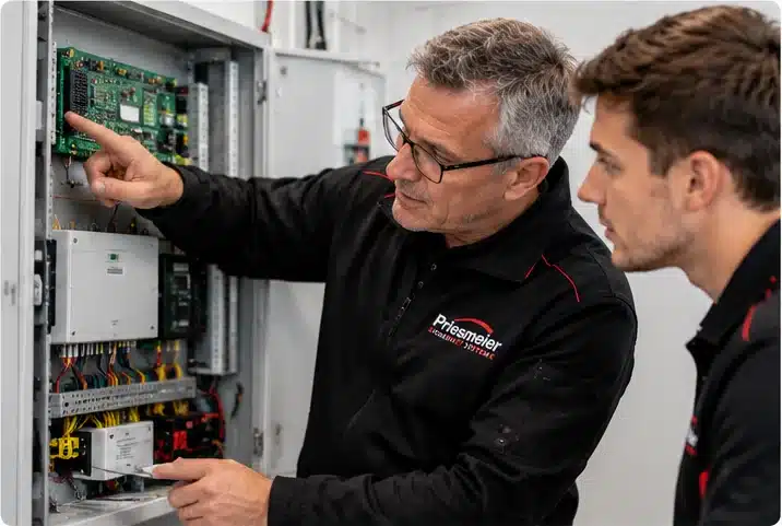 Erfahrener Techniker unterstützt einen Kollegen bei der Einarbeitung in die Sicherheitstechnik
