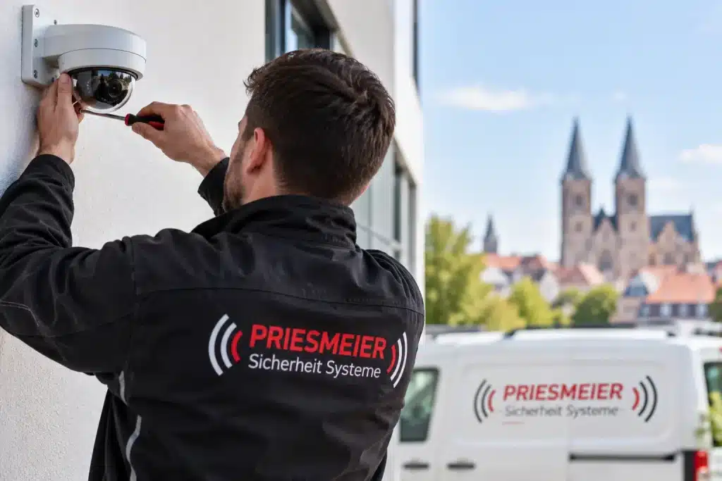 Kamera Montage in Braunschweig | Priesmeier Priesmeier Techniker bei der fachgerechten Montage einer Überwachungskamera in Braunschweig