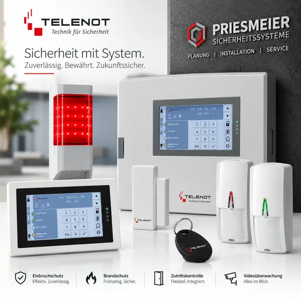 TELENOT Alarmanlage & Sicherheitstechnik | Priesmeier TELENOT Alarmanlage mit Bedienteil, Zentrale, Bewegungsmeldern und Außensignalgeber – Sicherheitstechnik von Priesmeier