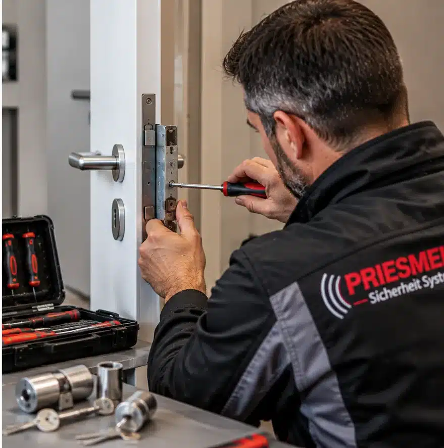 Schlossreparatur und Schließsysteme in Braunschweig Sicherheitsdienstleistungen von Priesmeier – Techniker bei der Montage und Reparatur eines Türschlosses