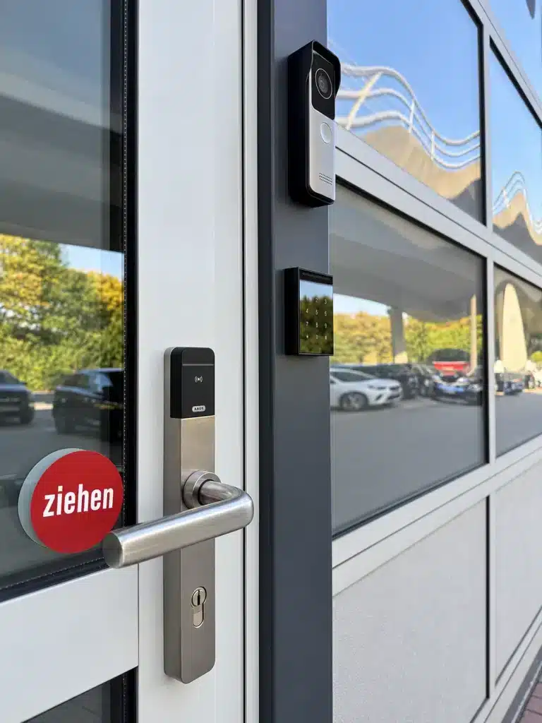 Elektronische Zutrittskontrolle am Gebäudeeingang | Priesmeier Elektronische Zutrittskontrolle mit Türbeschlag und Zutrittsleser an einem Gebäudeeingang