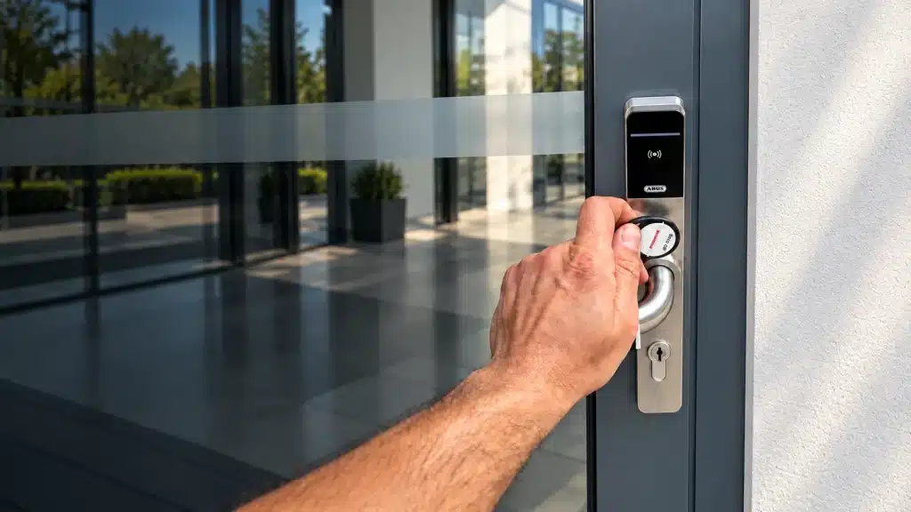 zutrittskontrolle-tuerbeschlag-geschlossen-priesmeier-header-v2 Hand hält einen Transponder an den elektronischen Türbeschlag einer geschlossenen Eingangstür